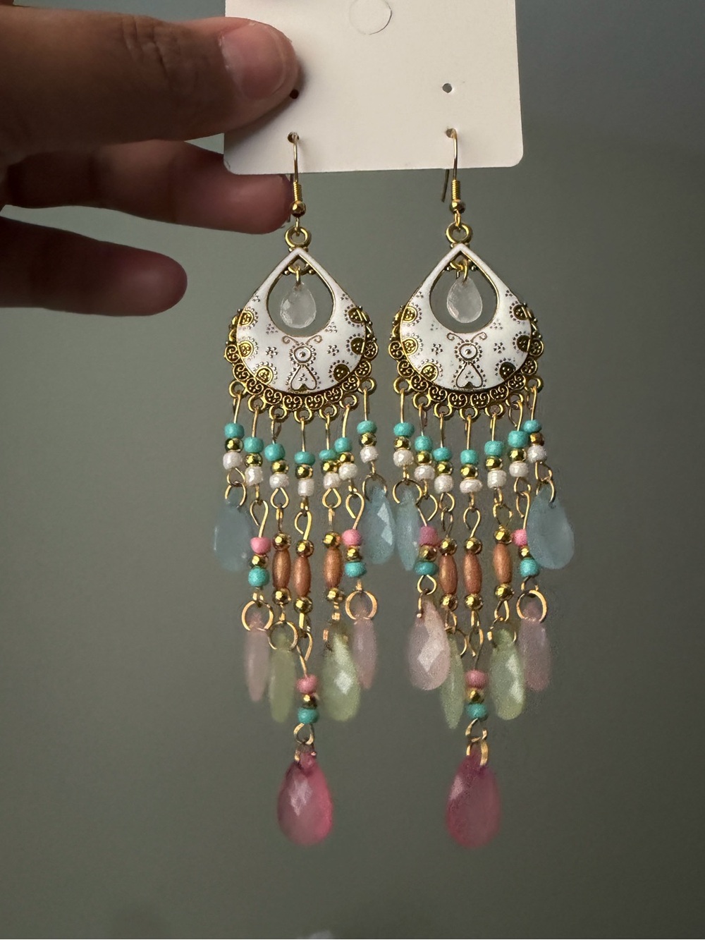 Gold-Tone Boho Dangle Earrings with White, Pink & Aqua Accents